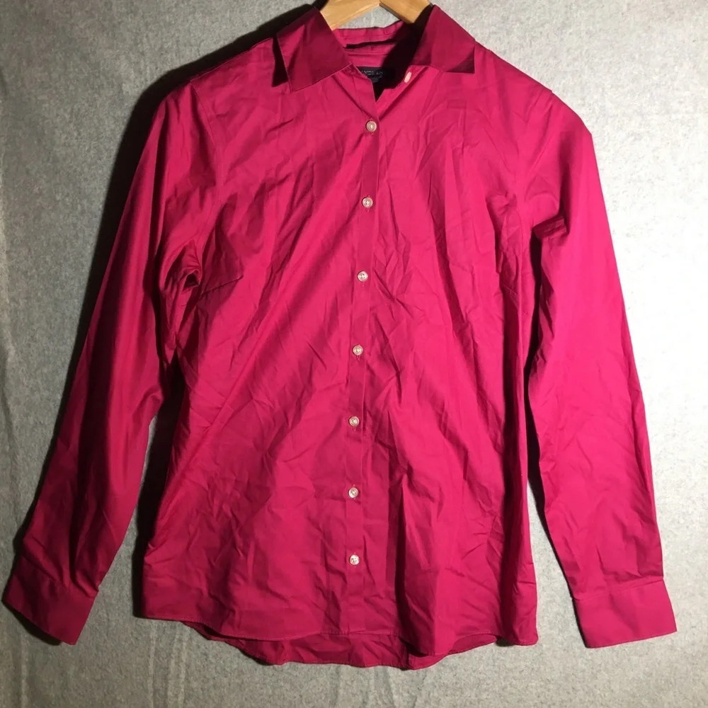 Womens Lands End Button Up Shirt Magenta No Wrinkle Work Office Career Wear